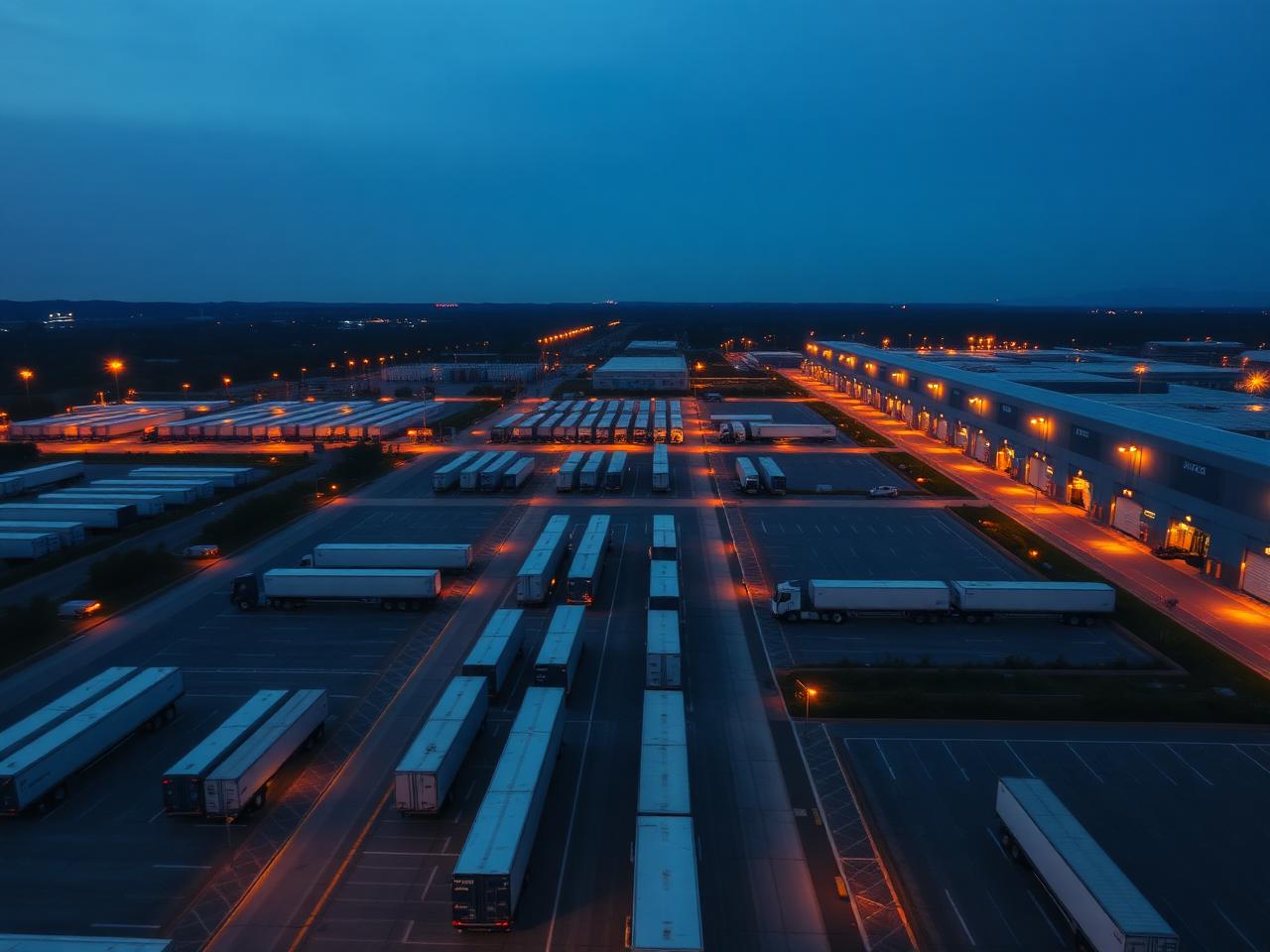 Trailer yard and loading docks at dusk